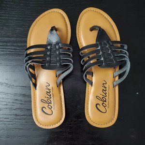 Cobian Tan and Black Strappy Gladiator Leather Thong Sandal - Size 7